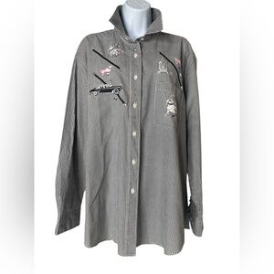 Las Olas Embroidered Black White Check Pink Button Down Shirt Rockabilly Sz XL